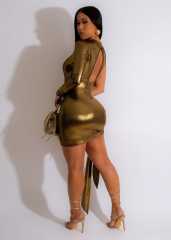 Woman Sexy PVC Clubwear One Sleeve Patent Leather Mini Dress PQ230405