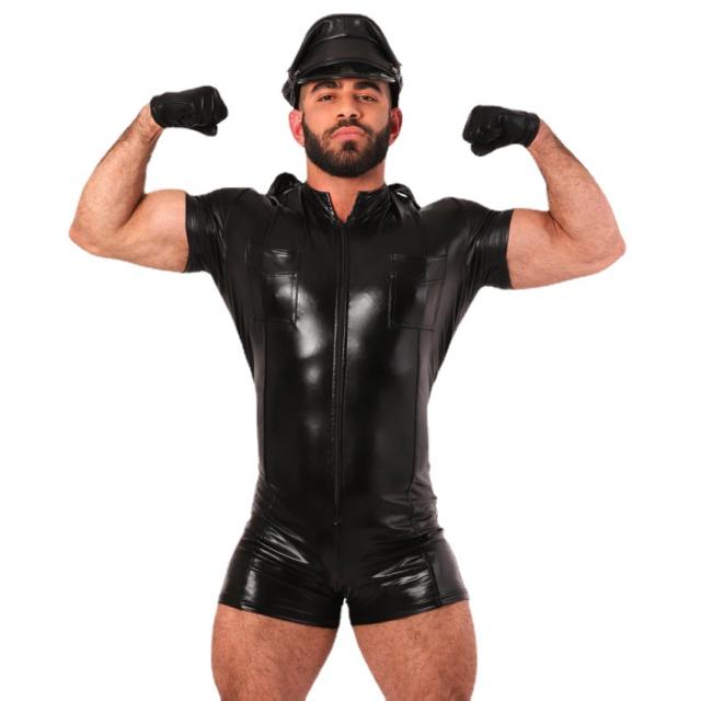 Man Faux Leather Bodysuit DS PU Clubwear Sissy Jumpsuit PQ-N804