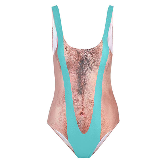 Wholesale Funny Borat Printed One Piece Swimsuit Women Sexy Chest Hair Bathing  Suit PQ19013