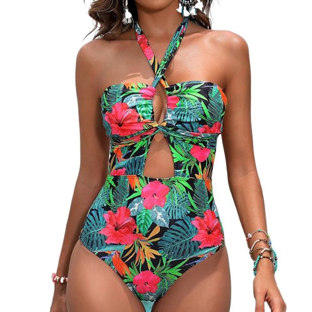 Floral Printing Swimwear Halter Beach Wear Hollow Out One Piece Swimsuit PQ235264