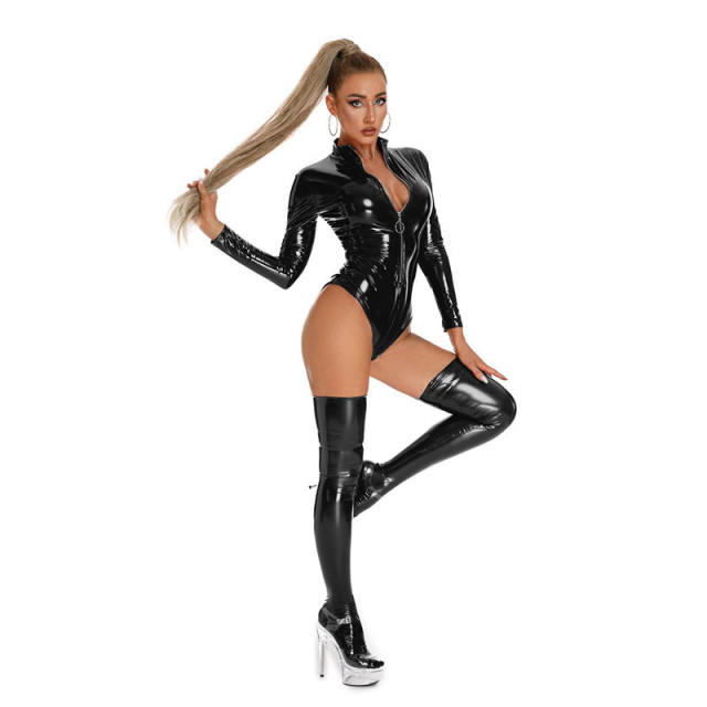 Shiny Vinyl Clubwear PU Teddies Sexy Faux Leather Bodysuit for Women PQ6866