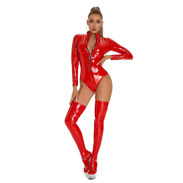 Shiny Vinyl Clubwear PU Teddies Sexy Faux Leather Bodysuit for Women PQ6866