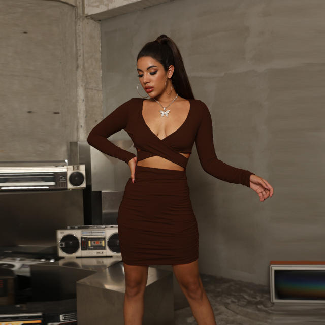 Sexy Long Sleeve Mini Dress For Woman V-neck Dresses Club Wear PQ1598