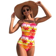 Palm Tree Print One-Piece Swimsuit Spaghetti Straps Vintage Bathers PQ2510