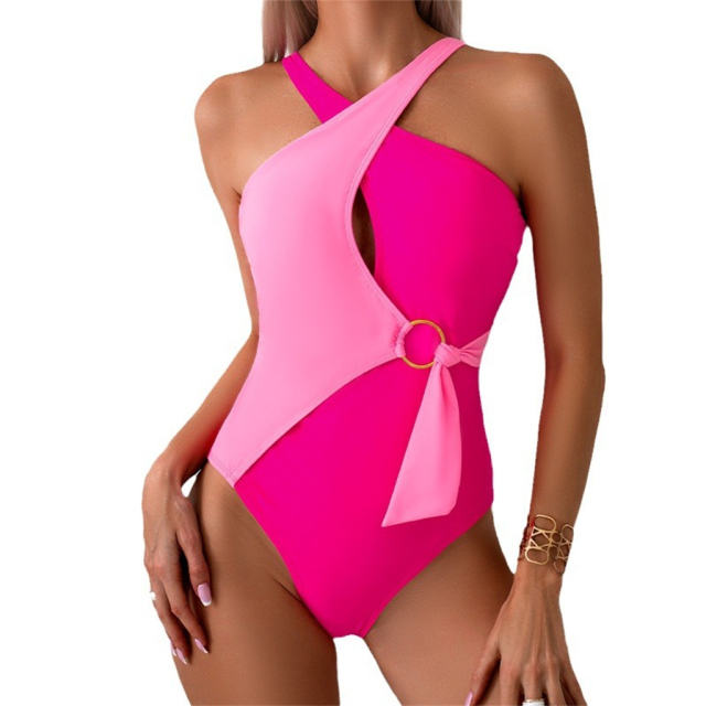 Two-Tone One-Piece Swimsuit for Womens Monokini Halter Swimwear Bathers PQ2402
