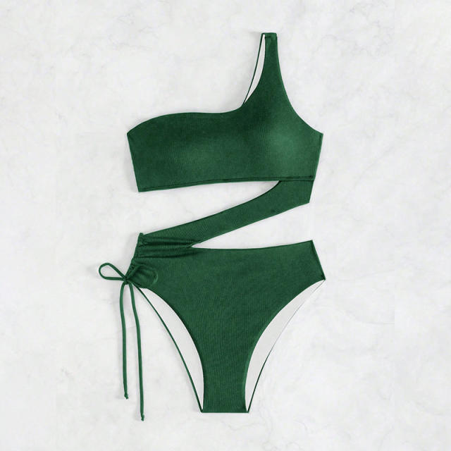 One Shoulder Swimsuit For Women Ribbed Cutout Monokini Bathing Suit PQ2473
