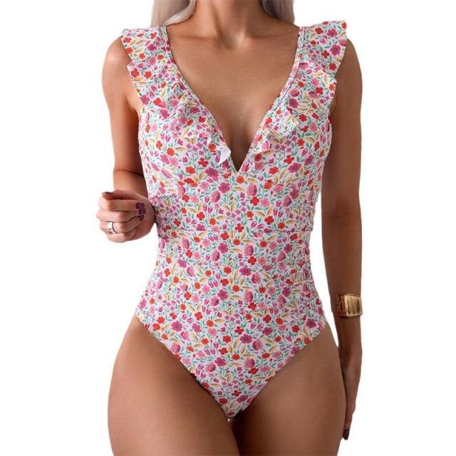 Floral Print One-Piece Swimsuit, V-Neck Ruffle Trim Bathing Suit Swimwear PQ-10048