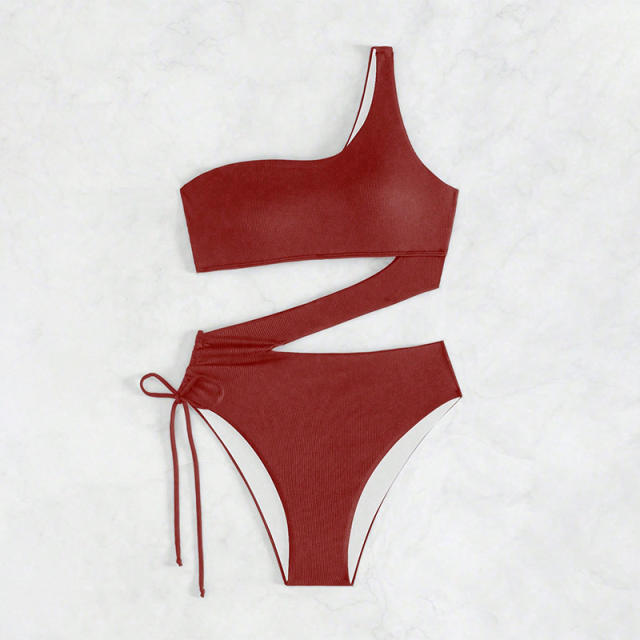 One Shoulder Swimsuit For Women Ribbed Cutout Monokini Bathing Suit PQ2473