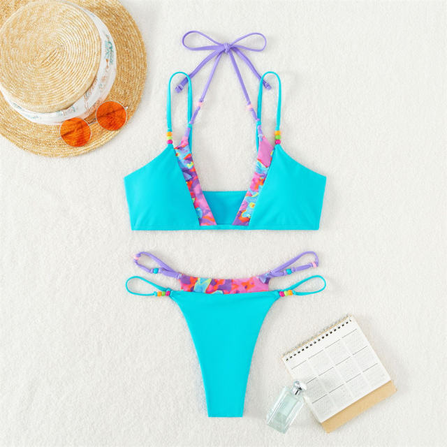 Two-Piece Beaded Bikini Set, Colorful Bead Accents Swimwear PQ3048