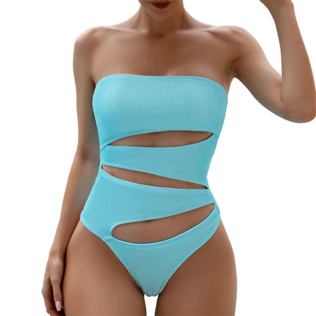 Strapless Cutout Ribbed Swimsuit for Womens Off Shoulder Bathers PQ4007