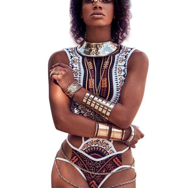 African Print Monokini Swimsuit, High Neck Cut Out Swimwear PQ8036