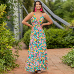 Women Floral Print Boho Dresses Summer Deep V-neck Maxi Dress PQ-LQ895