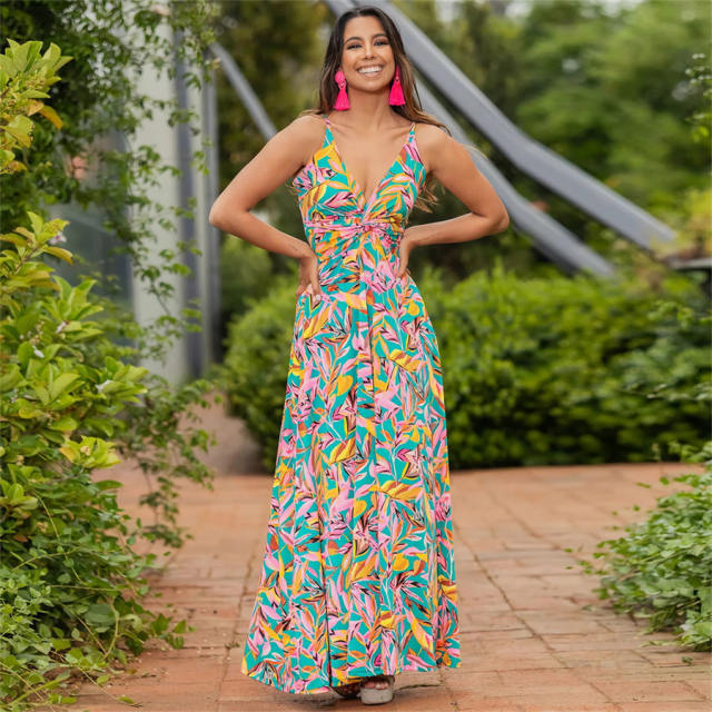 Women Floral Print Boho Dresses Summer Deep V-neck Maxi Dress PQ-LQ895