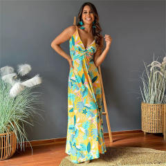 Women Floral Print Boho Dresses Summer Deep V-neck Maxi Dress PQ-LQ895