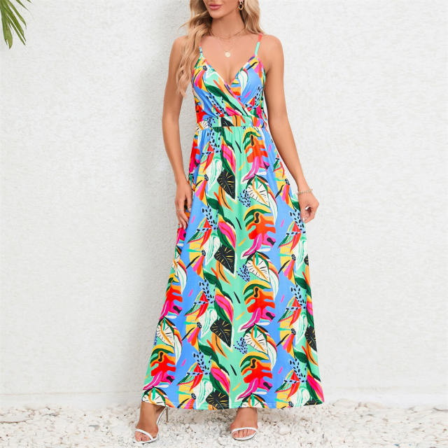 Women Floral Print Boho Dresses Summer Spaghetti Strap Maxi Dress PQ-HD805
