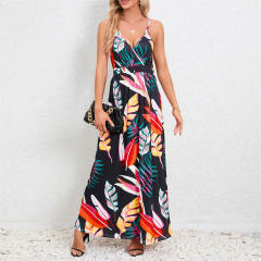Women Floral Print Boho Dresses Summer Spaghetti Strap Maxi Dress PQ-HD805