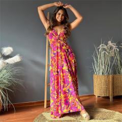 Women Floral Print Boho Dresses Summer Deep V-neck Maxi Dress PQ-LQ895