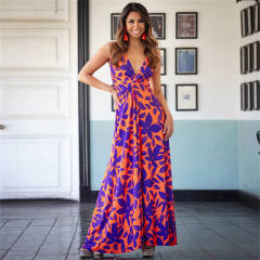 Women Floral Print Boho Dresses Summer Deep V-neck Maxi Dress PQ-LQ895