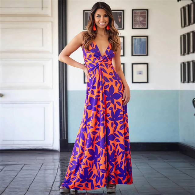 Women Floral Print Boho Dresses Summer Deep V-neck Maxi Dress PQ-LQ895