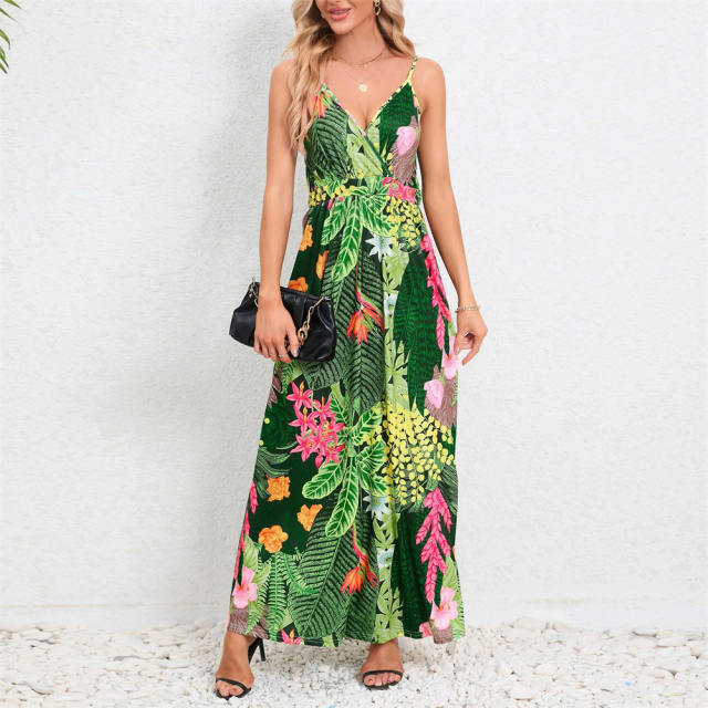 Women Floral Print Boho Dresses Summer Spaghetti Strap Maxi Dress PQ-HD805