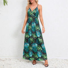 Women Floral Print Boho Dresses Summer Spaghetti Strap Maxi Dress PQ-HD805