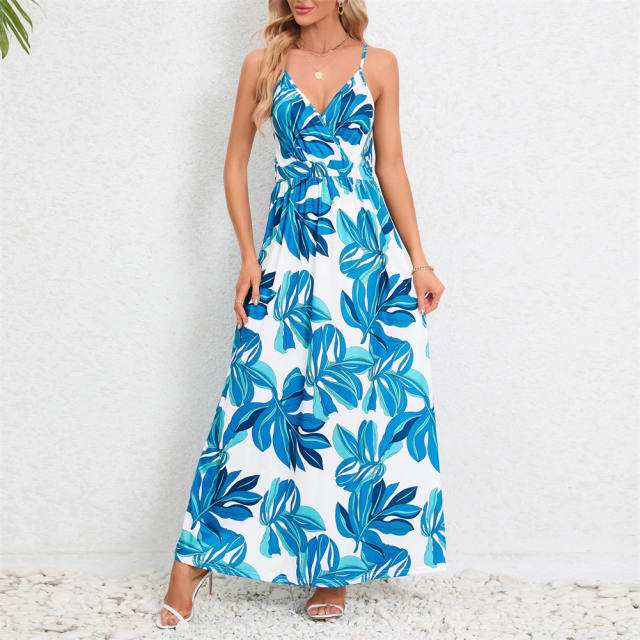 Women Floral Print Boho Dresses Summer Spaghetti Strap Maxi Dress PQ-HD805