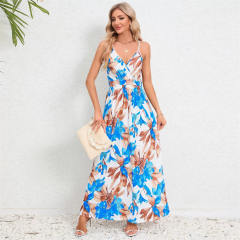 Women Floral Print Boho Dresses Summer Spaghetti Strap Maxi Dress PQ-HD805