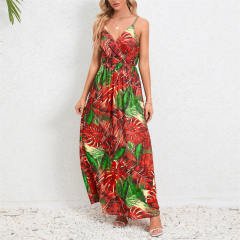 Women Floral Print Boho Dresses Summer Spaghetti Strap Maxi Dress PQ-HD805