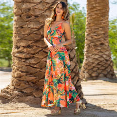 Women Floral Print Boho Dresses Summer Deep V-neck Maxi Dress PQ-LQ895