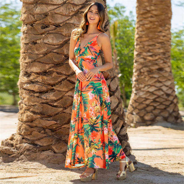 Women Floral Print Boho Dresses Summer Deep V-neck Maxi Dress PQ-LQ895