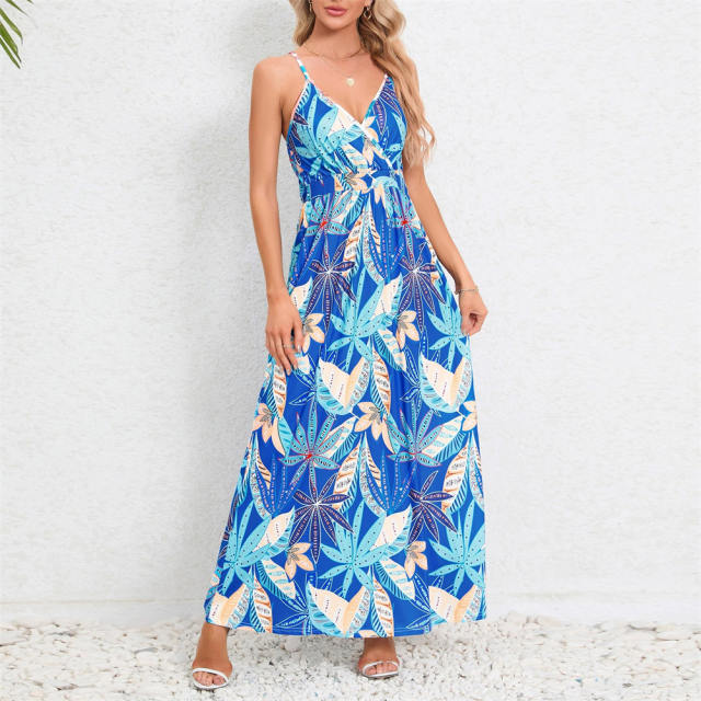 Women Floral Print Boho Dresses Summer Spaghetti Strap Maxi Dress PQ-HD805