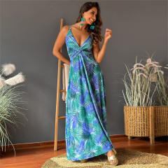Women Floral Print Boho Dresses Summer Deep V-neck Maxi Dress PQ-LQ895