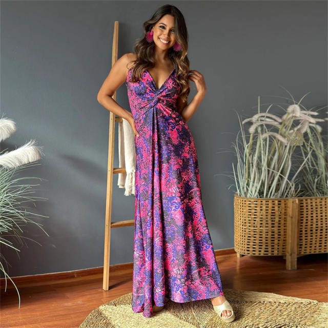 Women Floral Print Boho Dresses Summer Deep V-neck Maxi Dress PQ-LQ895