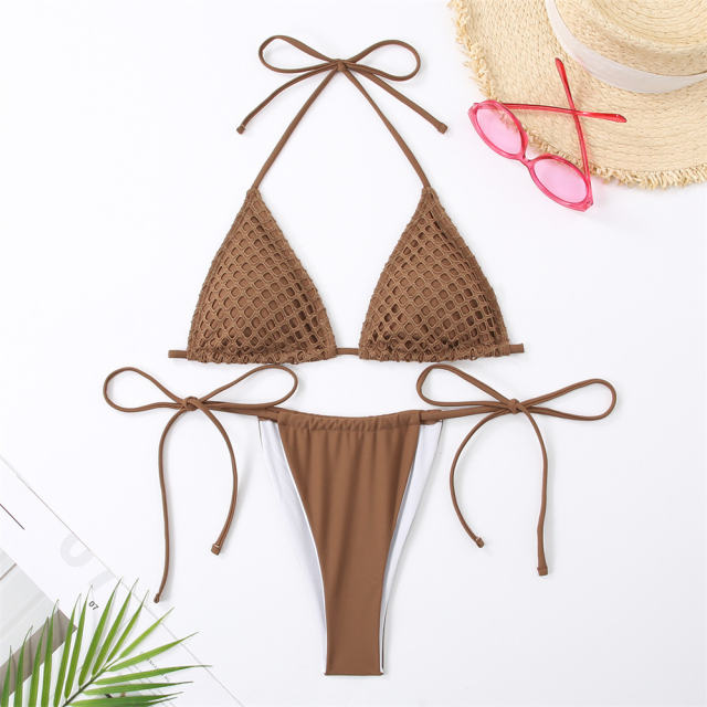Crochet Triangle Bikini Set with Side-Tie Bottom, Sexy Swimwear PQ24054