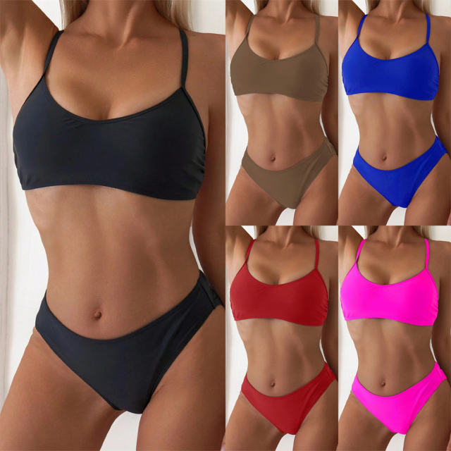 Two-Piece Solid Color Bikini Set, Low Waist Bottom Swimwear PQ25001