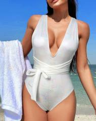 Metallic Snake Print One-Piece Swimsuit Tie Waist Belt Python Swimwear PQ2021-3