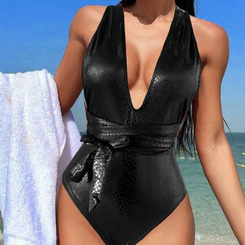 Metallic Snake Print One-Piece Swimsuit Tie Waist Belt Python Swimwear PQ2021-3