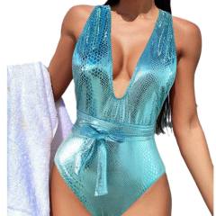Metallic Snake Print One-Piece Swimsuit Tie Waist Belt Python Swimwear PQ2021-3