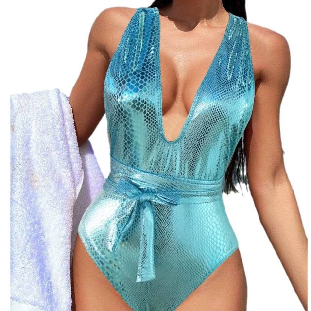 Metallic Snake Print One-Piece Swimsuit Tie Waist Belt Python Swimwear PQ2021-3