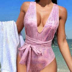 Metallic Snake Print One-Piece Swimsuit Tie Waist Belt Python Swimwear PQ2021-3