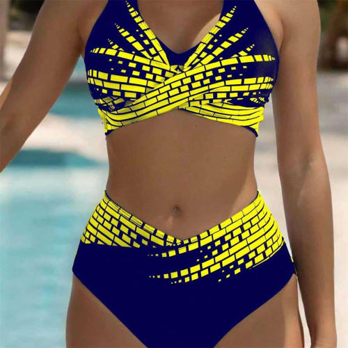Women's Two Piece Swimsuit, Black and Gold Geometric Pattern Swimwear PQ2025D