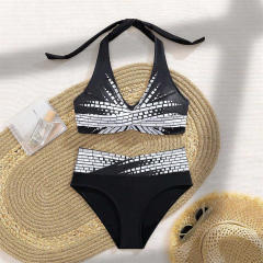 Women's Two Piece Swimsuit, Black and Gold Geometric Pattern Swimwear PQ2025D