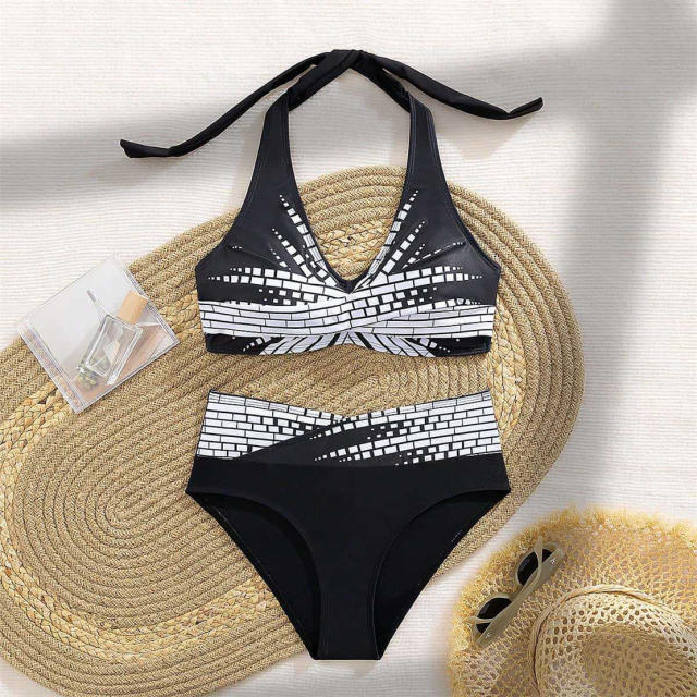 Women's Two Piece Swimsuit, Black and Gold Geometric Pattern Swimwear PQ2025D
