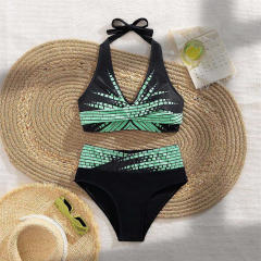 Women's Two Piece Swimsuit, Black and Gold Geometric Pattern Swimwear PQ2025D