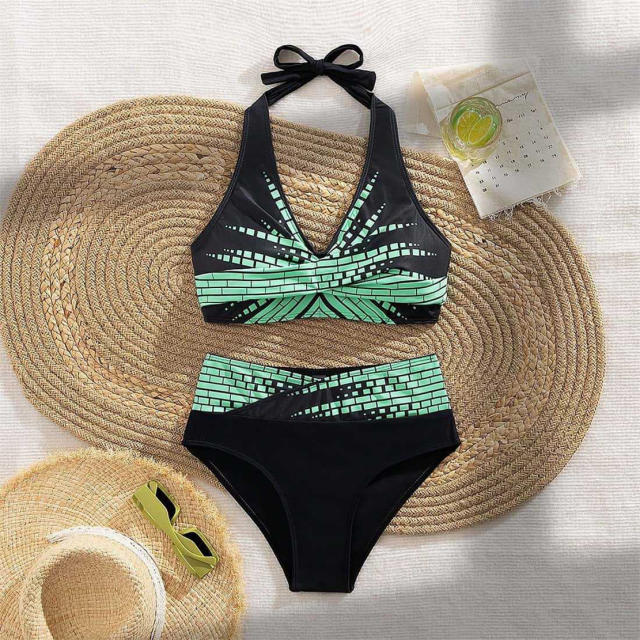 Women's Two Piece Swimsuit, Black and Gold Geometric Pattern Swimwear PQ2025D