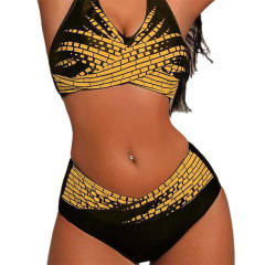 Women's Two Piece Swimsuit, Black and Gold Geometric Pattern Swimwear PQ2025D