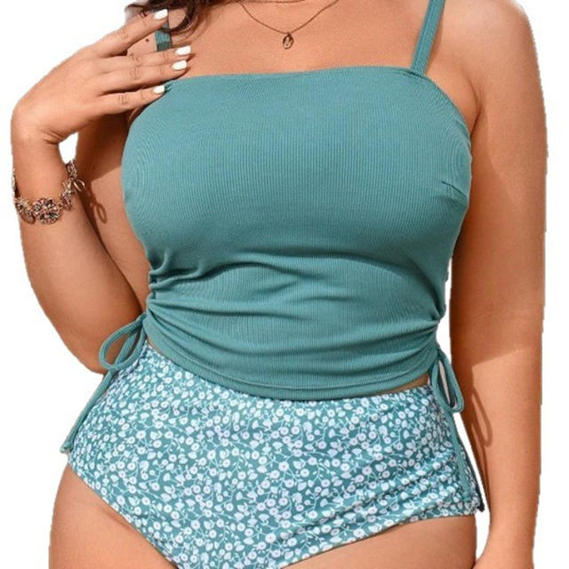 Women Two Piece Swimsuit Ribbed Teal Tank Top Ruched Side Tankini PQ4532