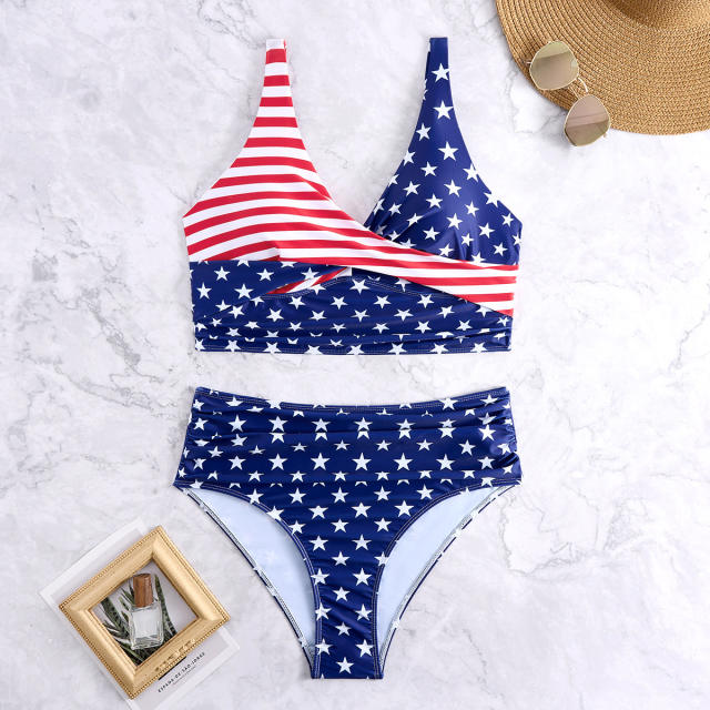 Plus Size American Flag Two Piece Swimsuit, High Waisted Bikini PQ4046