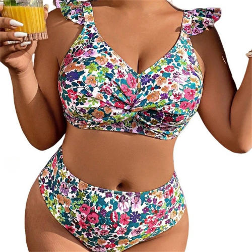 Floral Print Two-Piece Swimsuit, Plus Size Ruffle Strap Bikini for Plump Women PQ3327