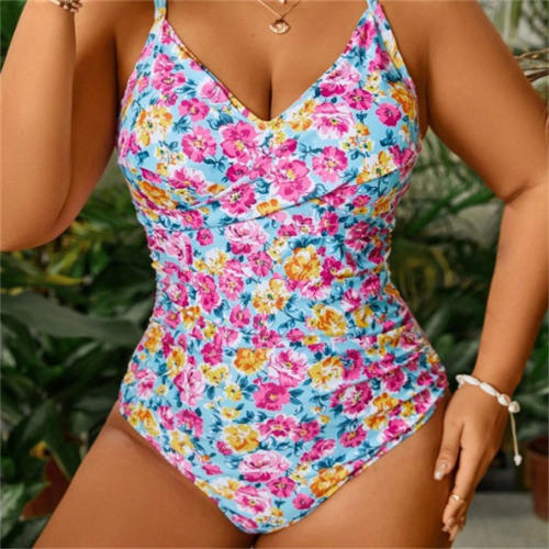 Plus Size Floral One Piece Swimsuit, V-Neck Ruched Swimming Costume PQ6063